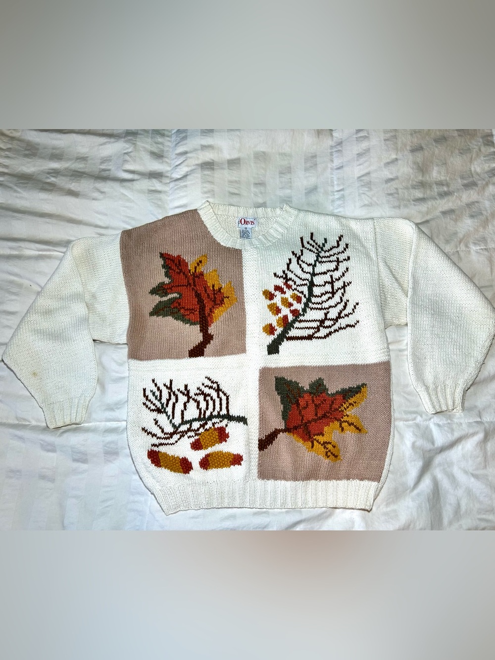 Orvis Vintage 90’s Cream Crewneck Knit Sweater w/ Fall Autumn Leaf Motif Sz M